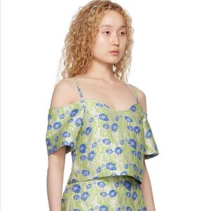 Ganni Blue and Green Floral Off-Shoulder Blouse